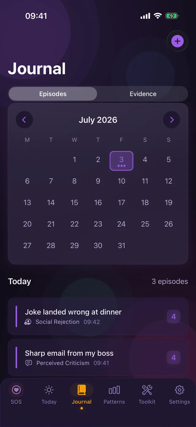 Journal screen with a calendar of episode dots and a list of logged episodes