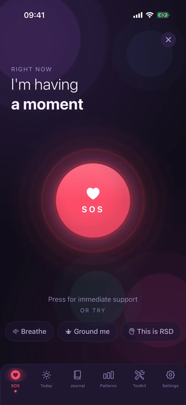 Outspiral SOS screen with a large red button that says I'm having a moment