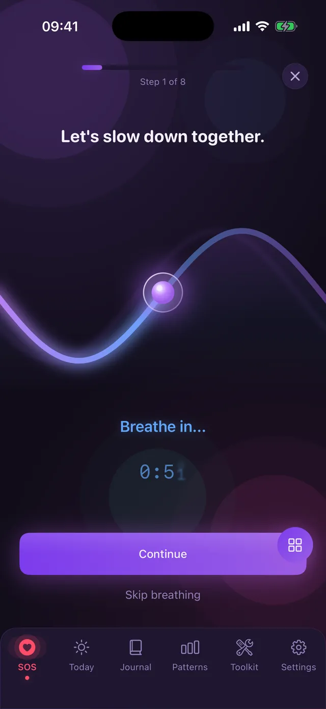 Guided breathing screen with a glowing ball riding a slow wave and the prompt to breathe in