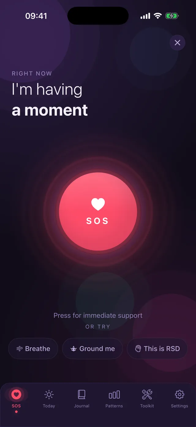 Outspiral SOS screen with a large red button that says I'm having a moment