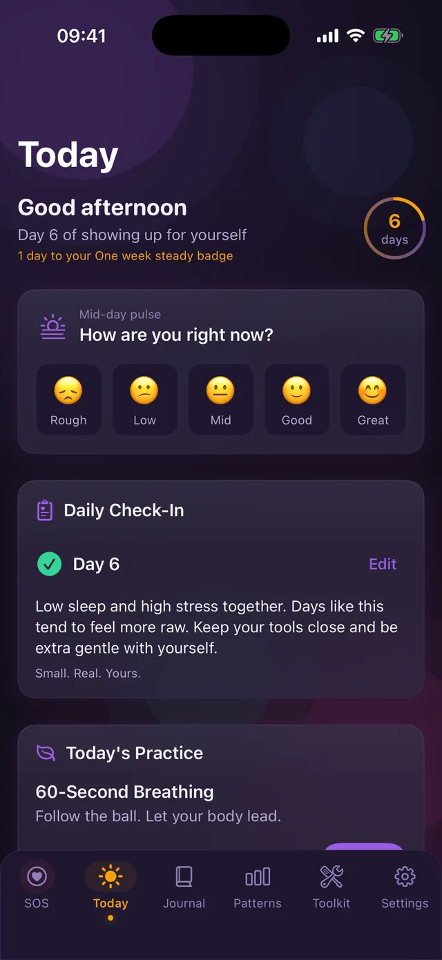 Today tab with a six-day streak, mid-day pulse, saved daily check-in, and daily practice